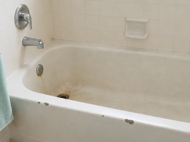 Worn, stained cast-iron bathtub with chips in a Ponderosa home before reglazing, Sunnyvale