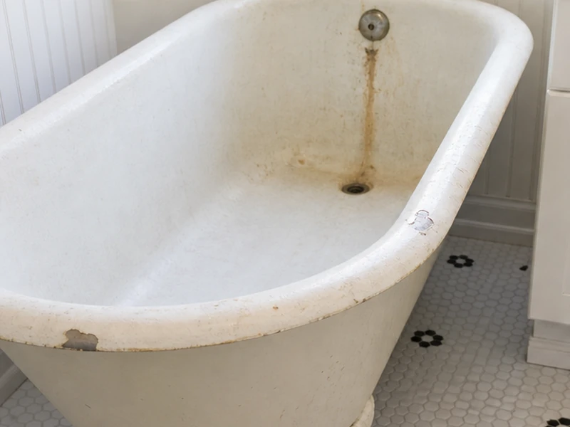 Worn antique clawfoot tub with dull glaze and rust at the drain in a Heritage District home, Sunnyvale