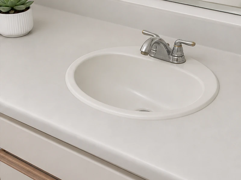 Same Birdland vanity countertop refinished to a smooth even neutral satin color, Sunnyvale