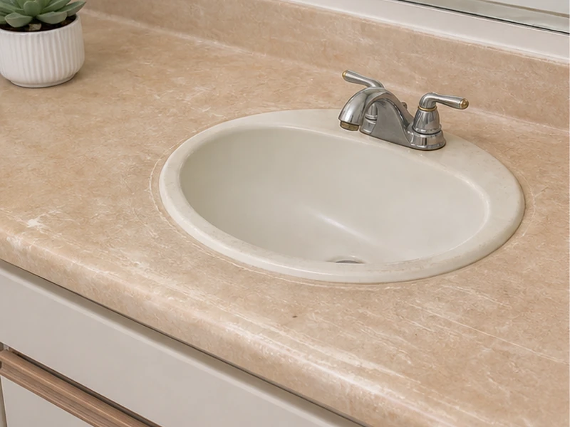 Dated scratched 1990s laminate bathroom vanity countertop in a Birdland condo before refinishing, Sunnyvale