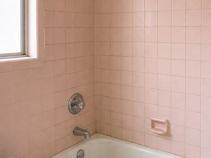 Dated 1970s pink ceramic tub-surround tile with stained grout in a Cherry Chase home before reglazing, Sunnyvale